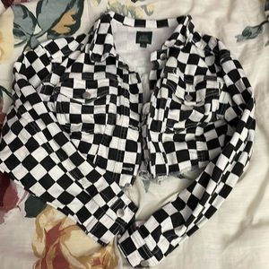 Cropped distressed checkered jacket